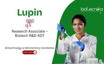 Research Associate Job at Lupin. Masters in Biotechnology or Biochemistry Candidates, Apply Now for R&D jobs & Biotech jobs.