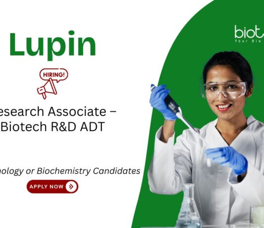 Research Associate Job at Lupin. Masters in Biotechnology or Biochemistry Candidates, Apply Now for R&D jobs & Biotech jobs.