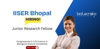 IISER Bhopal Recruitment For Junior Research Fellow Position. Life Sciences job for postgraduates with Biotechnology expertise.