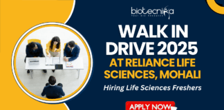 Walk In Drive 2025 At Reliance Life Sciences, Mohali - Hiring Life Sciences Freshers - Apply Now