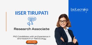 Research Associate Job Opportunity at IISER Tirupati. Project in Ecology & Evolution. Great opportunity for PhD researchers.