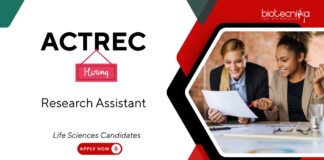 Research Assistant Jobs at ACTREC, Tata Memorial Centre. Life Sciences Candidates, Apply Now at Cancer Research Institute.
