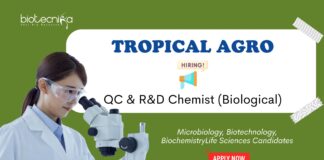 Research and Development Jobs at Tropical Agro. Apply Now For QC & R&D Chemist (Biological) Role, in Sikandrabad.