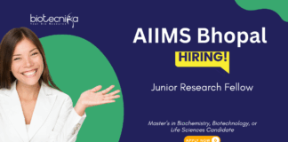 Junior Research Fellow Vacancy at AIIMS Bhopal. Master’s in Biochemistry, Biotechnology, or Life Sciences, Apply Now.