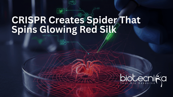 CRISPR-edited spider producing glowing red spider silk for advanced genome editing and materials science research