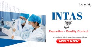 QC Jobs: Intas Hiring Executive - Quality Control | Biotechnology Candidates Can Apply Now for Intas Career | Biotech Jobs