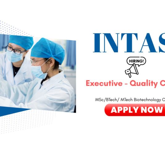 QC Jobs: Intas Hiring Executive - Quality Control | Biotechnology Candidates Can Apply Now for Intas Career | Biotech Jobs
