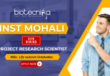 INST Mohali Project Research Scientist-I recruitment 2025 – research jobs in biotechnology and life sciences
