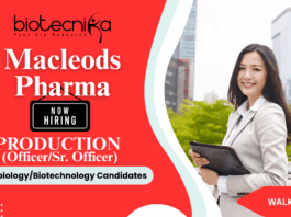 Production Fermentation Officer | Biotechnology Jobs at Macleods Production Fermentation Officer job at Macleods Pharma for biotechnology jobs and microbiology jobs in Dahej.