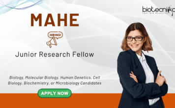 Junior Research Fellow Vacancy at MAHE. Molecular Biology, Genetics, Biochemistry, or Life Sciences Candidates, Apply Now.