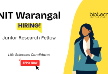 Junior Research Fellow Recruitment at NIT Warangal. M.Tech/ M.Sc. in Biotechnology/ Life Sciences Candidates Apply Now.