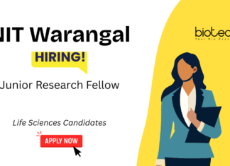 Junior Research Fellow Recruitment at NIT Warangal. M.Tech/ M.Sc. in Biotechnology/ Life Sciences Candidates Apply Now.