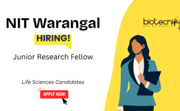 Junior Research Fellow Recruitment at NIT Warangal. M.Tech/ M.Sc. in Biotechnology/ Life Sciences Candidates Apply Now.