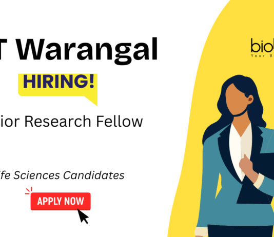 Junior Research Fellow Recruitment at NIT Warangal. M.Tech/ M.Sc. in Biotechnology/ Life Sciences Candidates Apply Now.