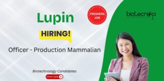 Biotechnology Jobs For Freshers at Lupin. Apply Now For Officer – Production Mammalian Role. Job in Pune, Maharashtra.