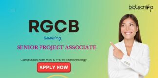 Biotechnology Jobs: RGCB Recruitment - Senior Project Associate Position | PhD in Biotechnology Apply Now | Project Associate Jobs