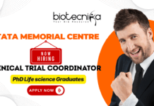 Tata Memorial Centre Trial Coordinator recruitment for research jobs and biotechnology jobs