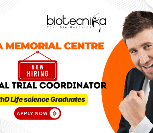 Tata Memorial Centre Trial Coordinator recruitment for research jobs and biotechnology jobs