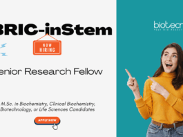 Senior Research Fellow Opportunity at inStem. M.Sc. in Biochemistry, Clinical Biochemistry, Biotechnology, or Life Sciences, Apply Now.