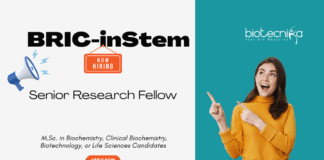 Senior Research Fellow Opportunity at inStem. M.Sc. in Biochemistry, Clinical Biochemistry, Biotechnology, or Life Sciences, Apply Now.