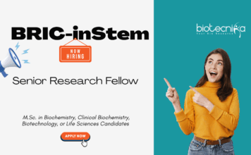 Senior Research Fellow Opportunity at inStem. M.Sc. in Biochemistry, Clinical Biochemistry, Biotechnology, or Life Sciences, Apply Now.