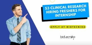 Freshers Clinical Research Internship at S3 Clinical Research, Apply on Biotecnika