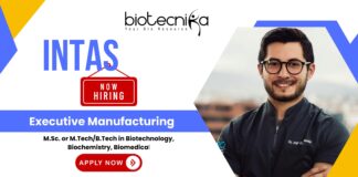 Biotechnology jobs at Intas Pharmaceuticals – Executive Manufacturing role for life science jobs seekers and INTAS career aspirants