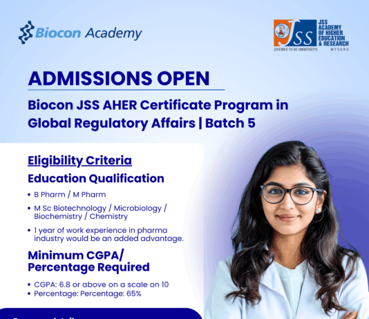 Biocon JSS AHER Certificate Program in Global Regulatory Affairs