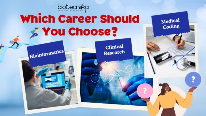 Blue and Red Modern Career Vision Board Presentation Life Sciences Career - Compare top paths: Bioinformatics, Clinical Research, & Medical Coding. Explore scope, growth, and decide your future!