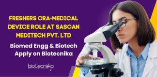 Freshers CRA-Medical Device Role at Sascan Meditech Pvt. Ltd. – Biomed Engg & Biotech Apply on Biotecnika Freshers CRA Job Openings at Sascan Meditech Pvt. Ltd.
