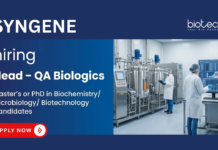 Life Sciences Jobs at Syngene. Masters or PhD in Biochemistry/ Microbiology/ Biotechnology Candidates Apply Now For Head – QA Biologics Role.