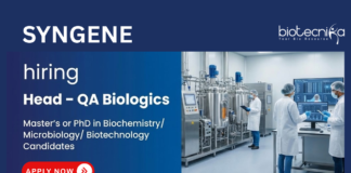 Life Sciences Jobs at Syngene. Masters or PhD in Biochemistry/ Microbiology/ Biotechnology Candidates Apply Now For Head – QA Biologics Role.