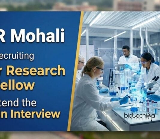 Junior Research Fellow Recruitment at IISER Mohali under a DBT-funded project. Apply for Biotech jobs through Walk-In Interview