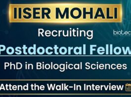 IISER Mohali recruitment 2025 for Post Doctoral Fellow in Life Science Research. Walk-in Interview for DBT funded Research Project.