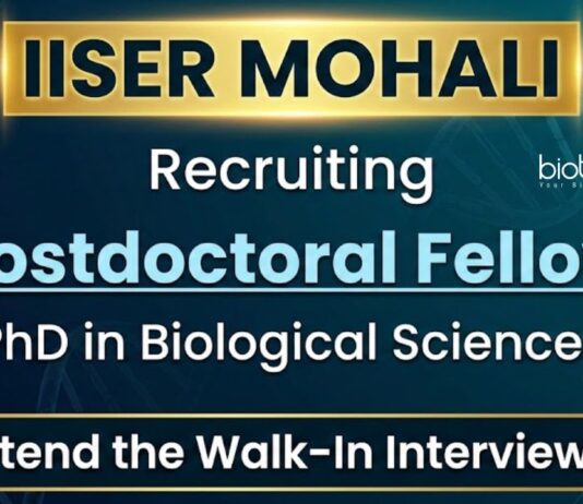 IISER Mohali recruitment 2025 for Post Doctoral Fellow in Life Science Research. Walk-in Interview for DBT funded Research Project.