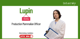 Biotechnology Jobs at Lupin. Candidates B.Tech/B.Sc. Biotech Apply Now Production Mammalian Officer Role in Pune.