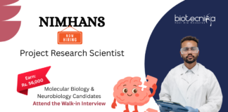 Research Job at NIMHANS. Molecular Biology & Neurobiology Candidates Attend the Walk-in Interview for Project Research Scientist Position.
