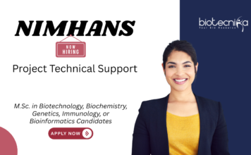 Biotechnology Jobs at NIMHANS. Life Sciences Candidates Apply Now For Project Technical Support Position, in Bengaluru.