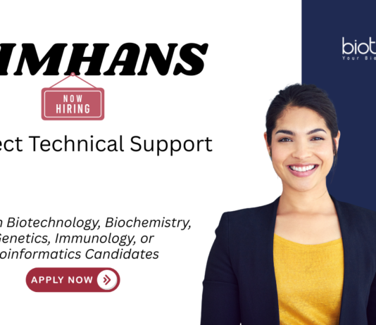 Biotechnology Jobs at NIMHANS. Life Sciences Candidates Apply Now For Project Technical Support Position, in Bengaluru.