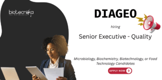 Quality Executive Job at Diageo, Kolkata. Microbiology, Biochemistry, Biotechnology, or Food Technology Candidates, Apply Now.