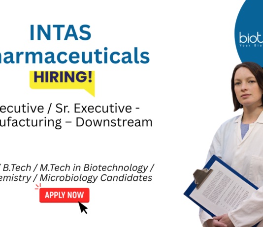 Biotechnology Jobs at Intas Pharmaceuticals. Downstream Manufacturing, Chromatography, & Protein Purification. Attend The Virtual interview.
