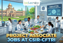 Project Associate Jobs at CSIR-CFTRI | Explore Latest Life Science Jobs Project Associate Jobs at CSIR-CFTRI Explore Latest Life Science Jobs. An illustration for a job advertisement featuring the "biotecnika Global" logo at the top center. The main scene is a bustling, modern food science laboratory where diverse researchers in lab coats are working with microscopes, analytical instruments, and various food samples like vegetables and grains. A large screen in the background reads "CSIR-CFTRI: FOOD RESEARCH & INNOVATION". Through large windows, the grand campus building of CSIR-CFTRI is visible under a clear sky. Large, bold gold and blue text across the bottom reads "PROJECT ASSOCIATE JOBS AT CSIR-CFTRI".