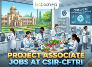 Project Associate Jobs at CSIR-CFTRI | Explore Latest Life Science Jobs Project Associate Jobs at CSIR-CFTRI Explore Latest Life Science Jobs. An illustration for a job advertisement featuring the "biotecnika Global" logo at the top center. The main scene is a bustling, modern food science laboratory where diverse researchers in lab coats are working with microscopes, analytical instruments, and various food samples like vegetables and grains. A large screen in the background reads "CSIR-CFTRI: FOOD RESEARCH & INNOVATION". Through large windows, the grand campus building of CSIR-CFTRI is visible under a clear sky. Large, bold gold and blue text across the bottom reads "PROJECT ASSOCIATE JOBS AT CSIR-CFTRI".