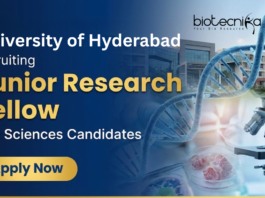 Junior Research Fellow Job at the University of Hyderabad. M.Sc. in any discipline of Life Sciences, Apply Now.