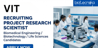 Research Job at VIT-Vellore. Life Sciences Candidates, Apply Now for the Project Research Scientist Position.