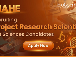 Scientist Job at MAHE. Masters in Life Sciences Candidates, Apply Now For the Project Research Scientist Position.
