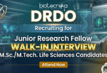 Govt DRDO Junior Research Fellow (JRF) Recruitment | Biological Sciences Attend Walk-in Interview Junior Research Fellow DRDO Recruitment 2026 Life Sciences Jobs at DRDE Gwalior