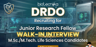 Govt DRDO Junior Research Fellow (JRF) Recruitment | Biological Sciences Attend Walk-in Interview Junior Research Fellow DRDO Recruitment 2026 Life Sciences Jobs at DRDE Gwalior