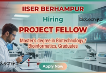 IISER Berhampur Bioinformatics Project Fellow Recruitment – Apply Now Research Jobs at IISER Berhampur Recruitment 2026 Biotechnology Jobs