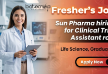 Freshers Job at Sun Pharma For Clinical Trial Assistant Role | Clinical Research Jobs Clinical Trial Assistant jobs at Sun Pharma Clinical Research Jobs